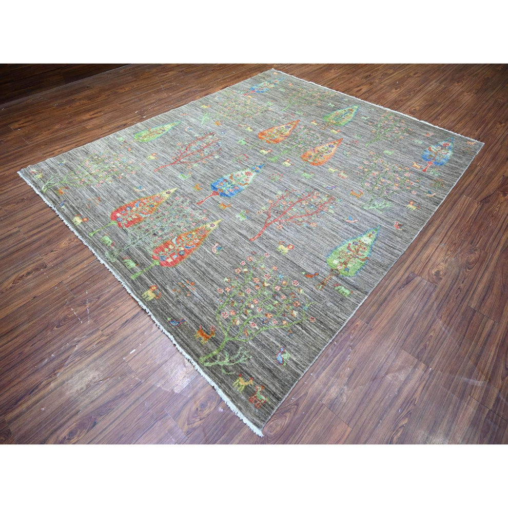 Wolf Gray Folk Art Willow Cypress Tree Design Wool Hand Knotted Rug 7'11"x9'5"