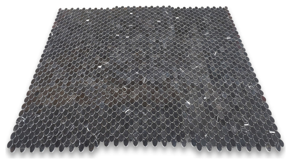 Nero Marquina Black Marble 1-1/4x5/8 Oval Ellipse Mosaic Tile Polished, 1 sheet