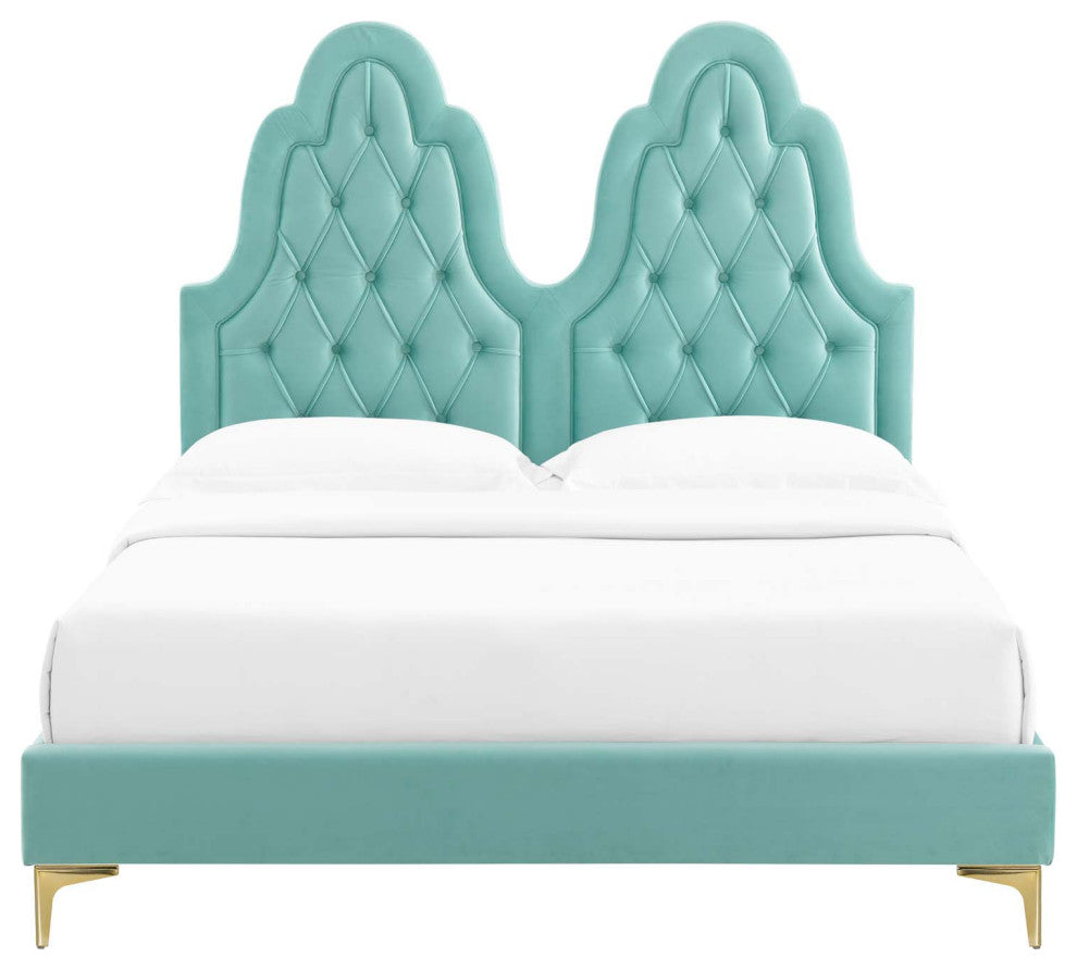 Tufted Platform Bed Frame, Full Size, Velvet, Blue, Modern Contemporary, Bedroom