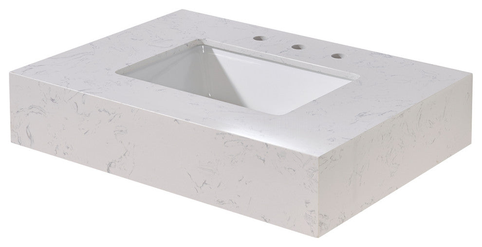 Merano Engineered Stone Vanity Top, Aosta White Apron With White Sink, 30"