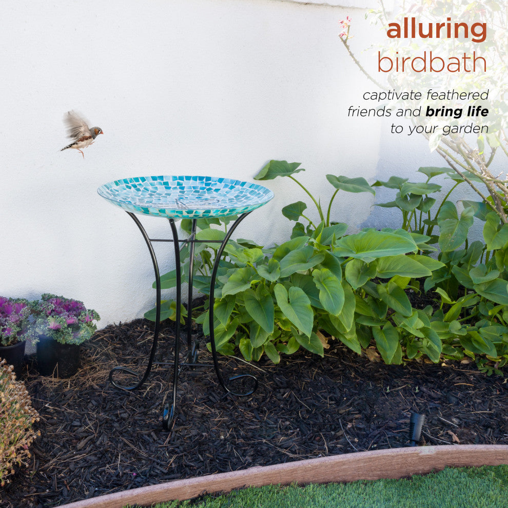 24" Tall Outdoor Mosaic Dragonfly Glass Birdbath Bowl with Metal Stand