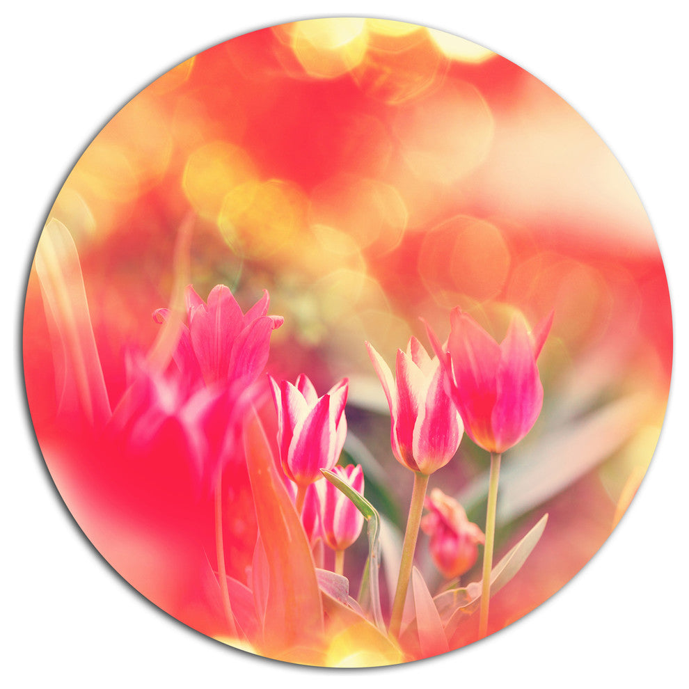 Tulips On Abstract Red Background, Floral Disc Metal Artwork, 36"