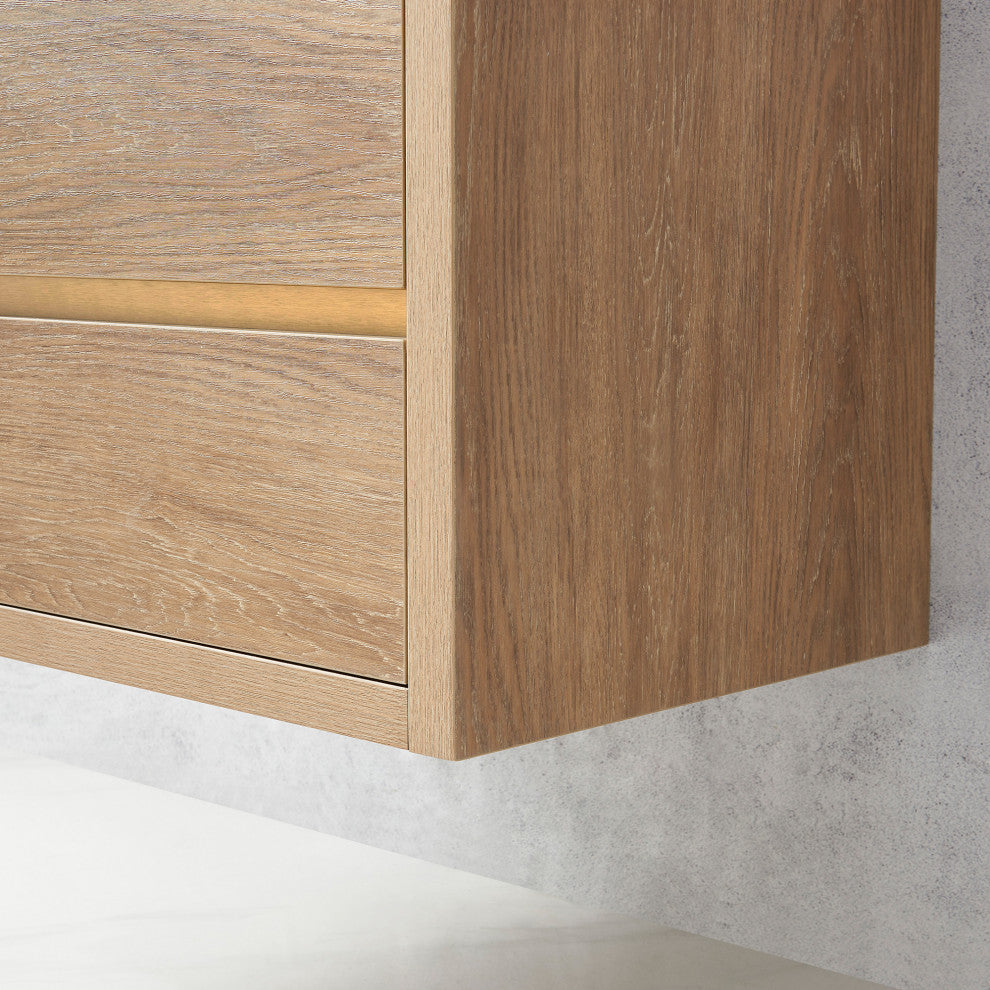 Palencia Floating Bath Vanity With Composite Stone Top, North American Oak, 60" Single Sink, With Mirror