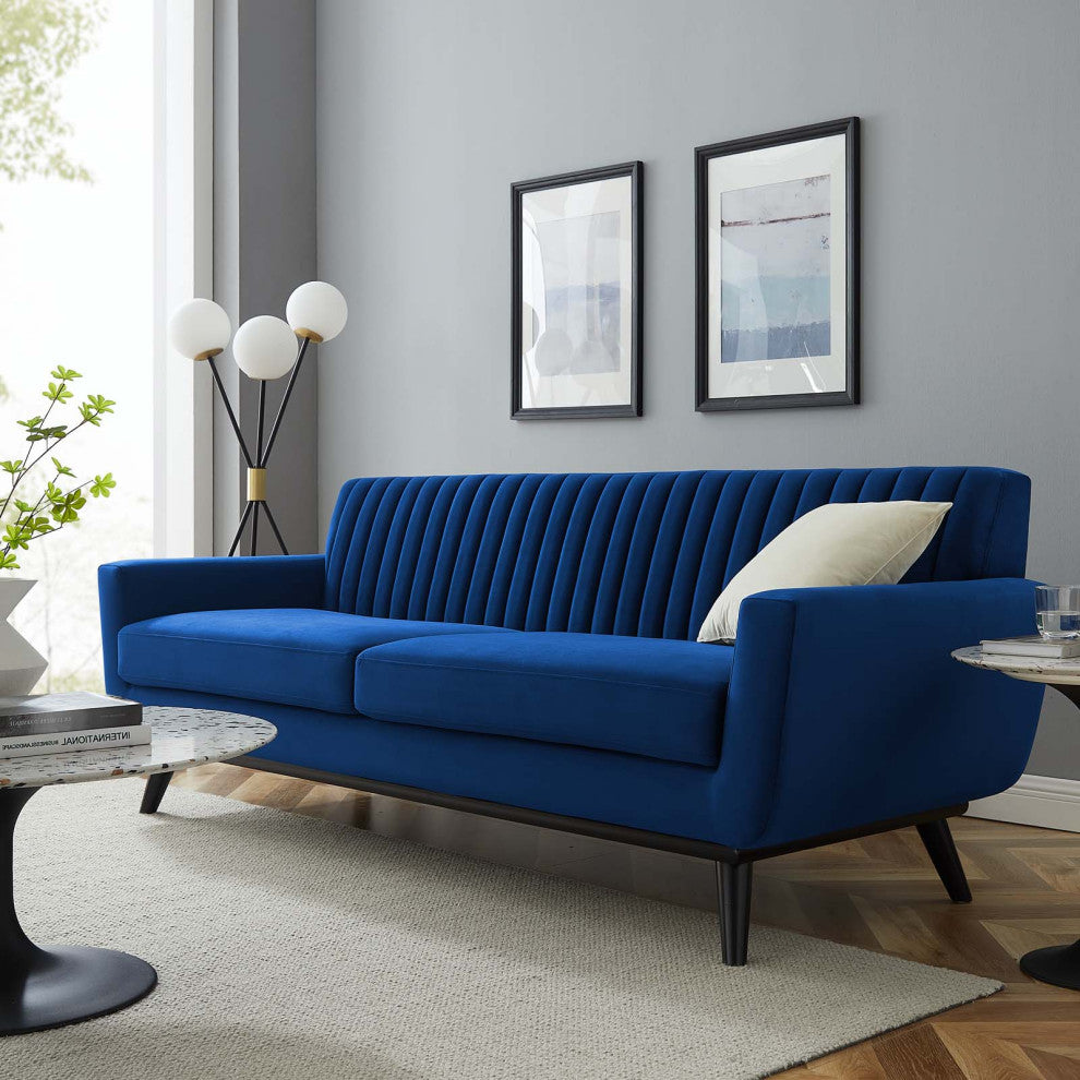 Tufted Sofa, Velvet, Blue Navy, Modern, Living Lounge Hotel Lobby Hospitality