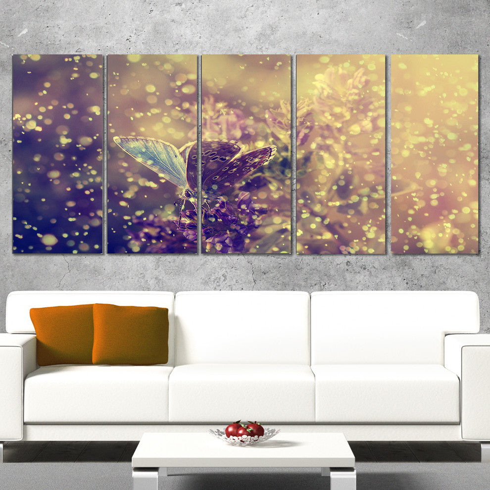 Blue Butterfly And Purple Flowers, Large Floral Canvas Print, 60"x28", 5 Panels