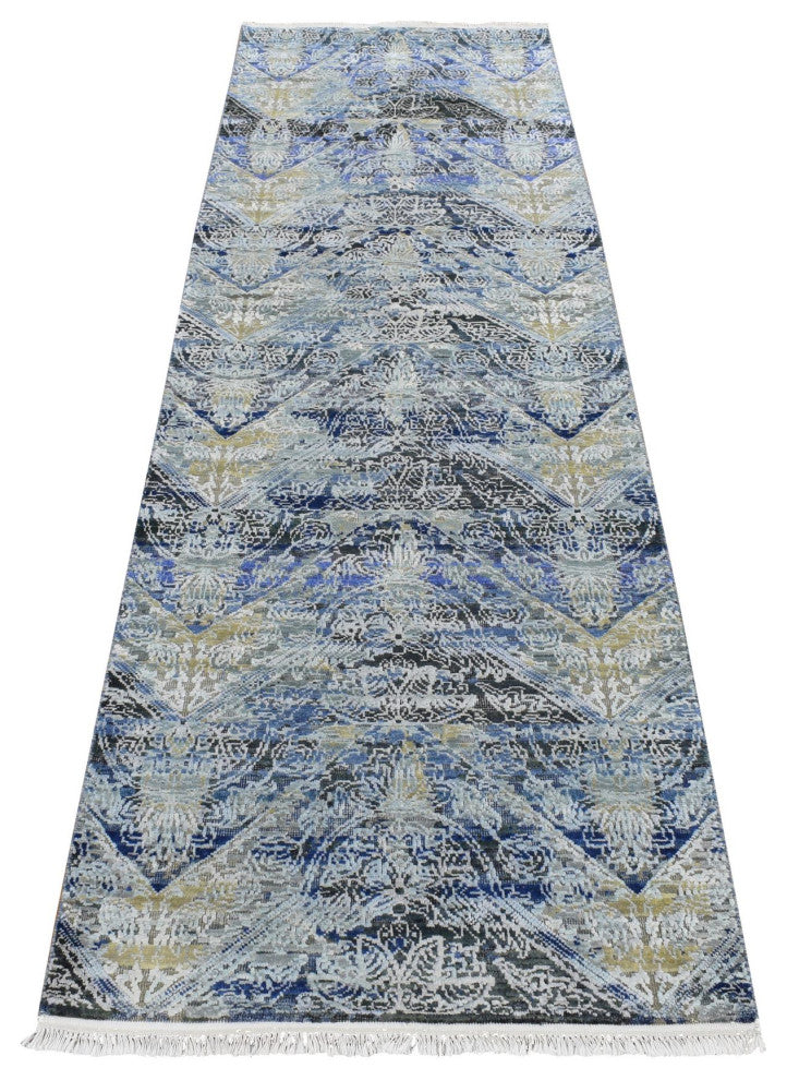 Steel Blue Broken and Erased Silk With Wool Hand Knotted Runner Rug 2'7"x8'3"