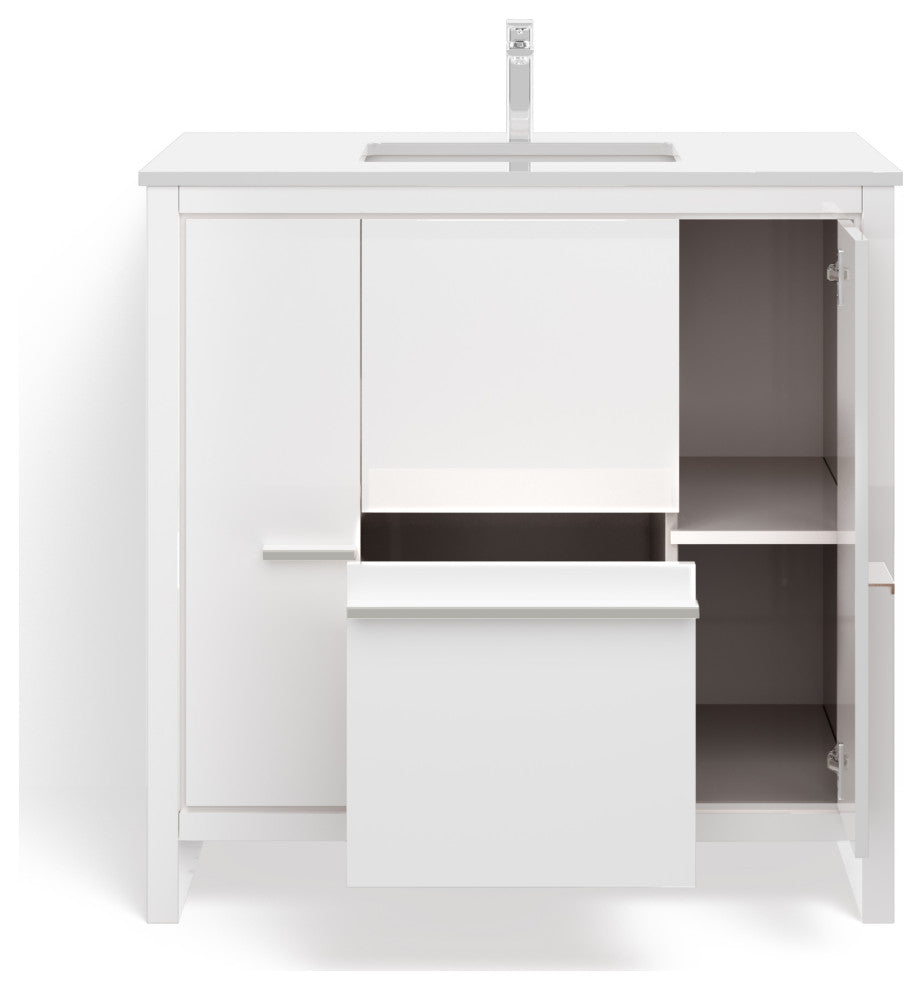 Esconde Bath Vanity, High Gloss White, 36", Single Sink, Freestanding