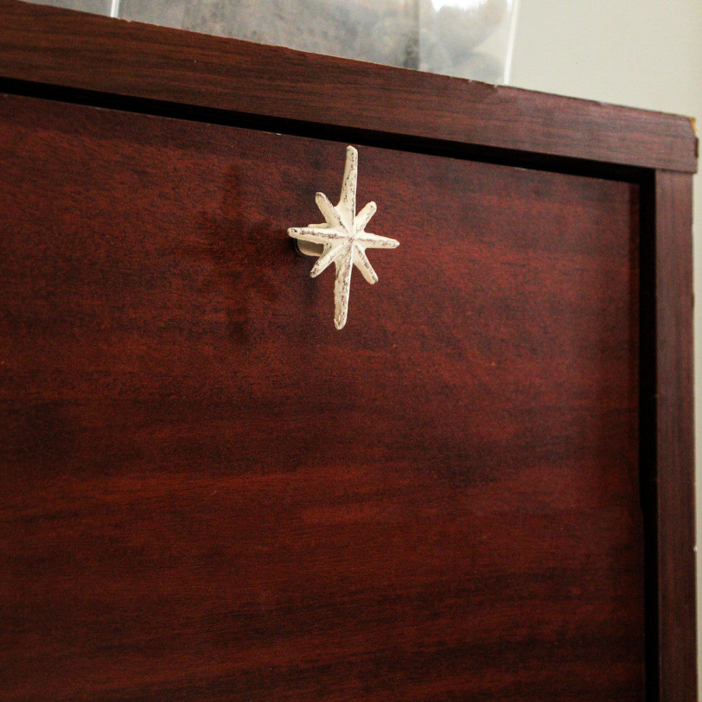 Set of 6 Antique White Finish Mid Century Modern Starburst Drawer Pulls Knobs