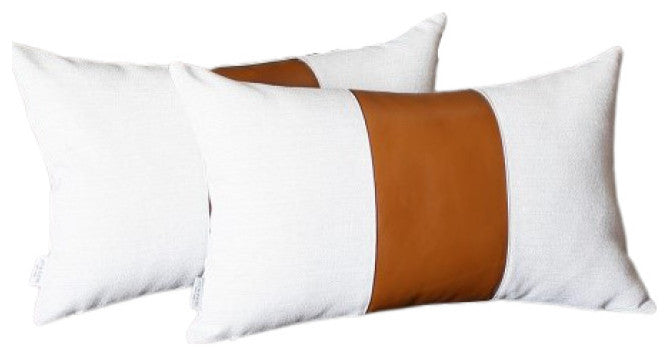 Set of 2 Porcelain White and Center Caramel Brown Faux Leather Pillow Covers