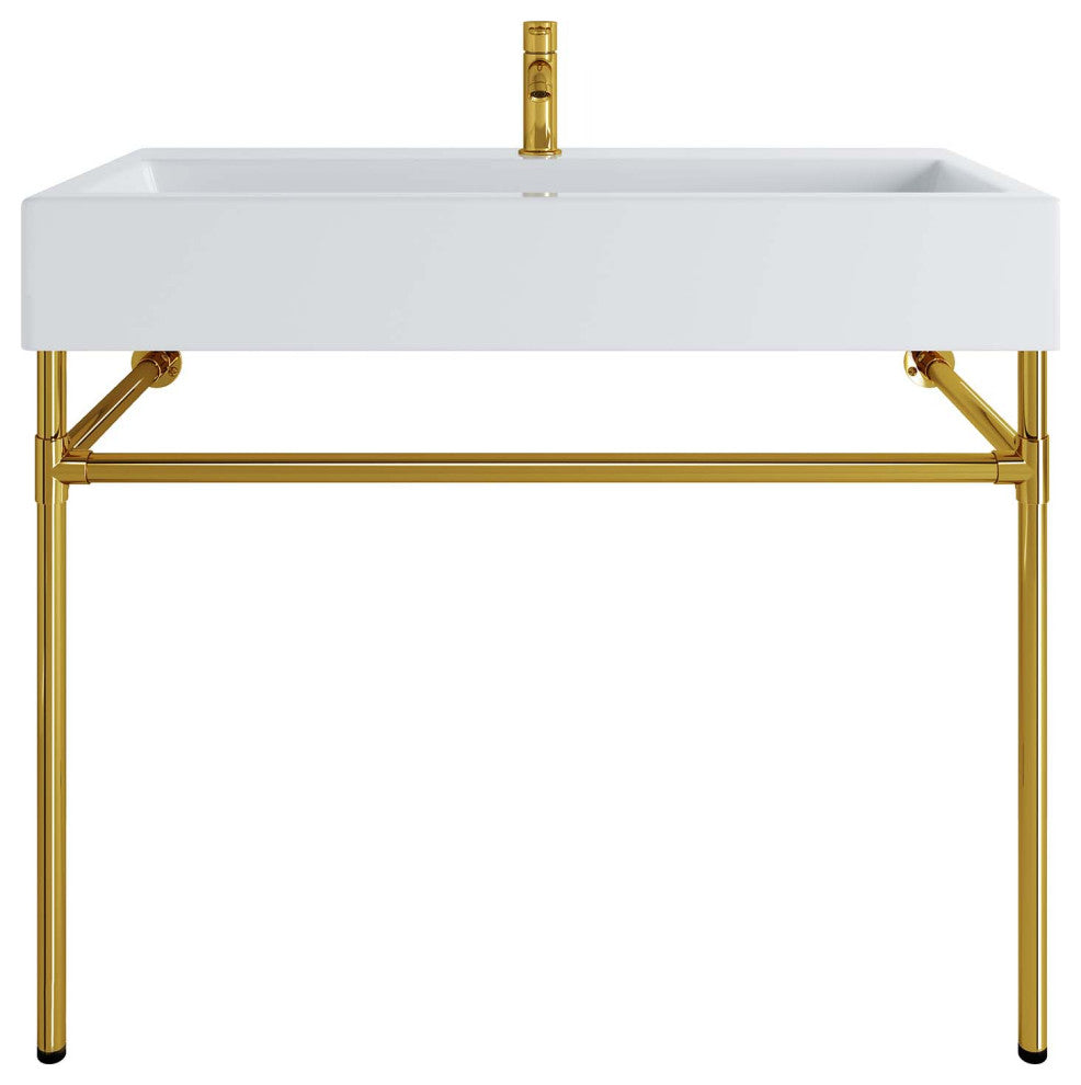 Sink Vanity, Wall Mount, White Gold, Ceramic, Stainless, Modern, Bathroom