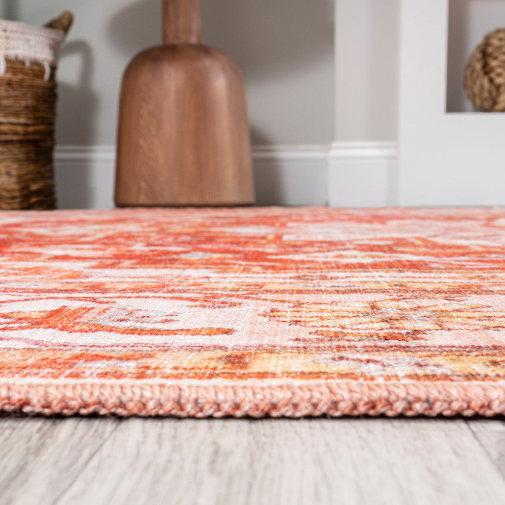 Asa Ornate Medallion Machine Washable Indoor Area Rug, Orange/Cream, 2 X 8