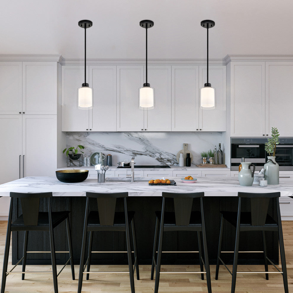 Daley 1-Light Matte Black Mini Pendant With Clear Glass and White Glass Shades