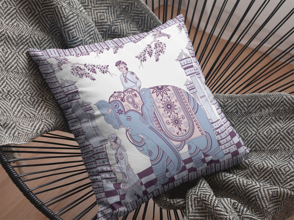 18" Blue Purple Ornate Elephant Zippered Suede Throw Pillow