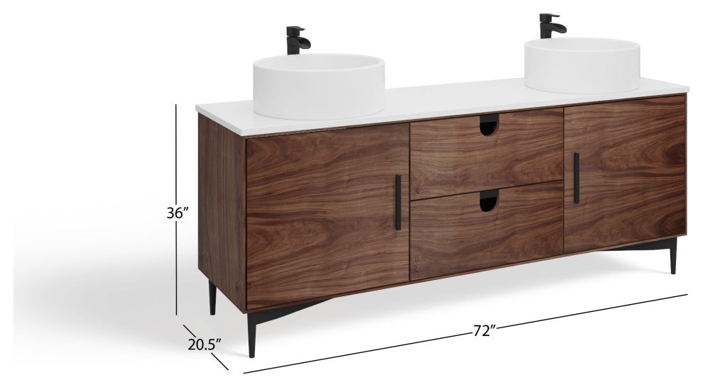 Newton Bath Vanity, Walnut, 72", Double Sink, Freestanding