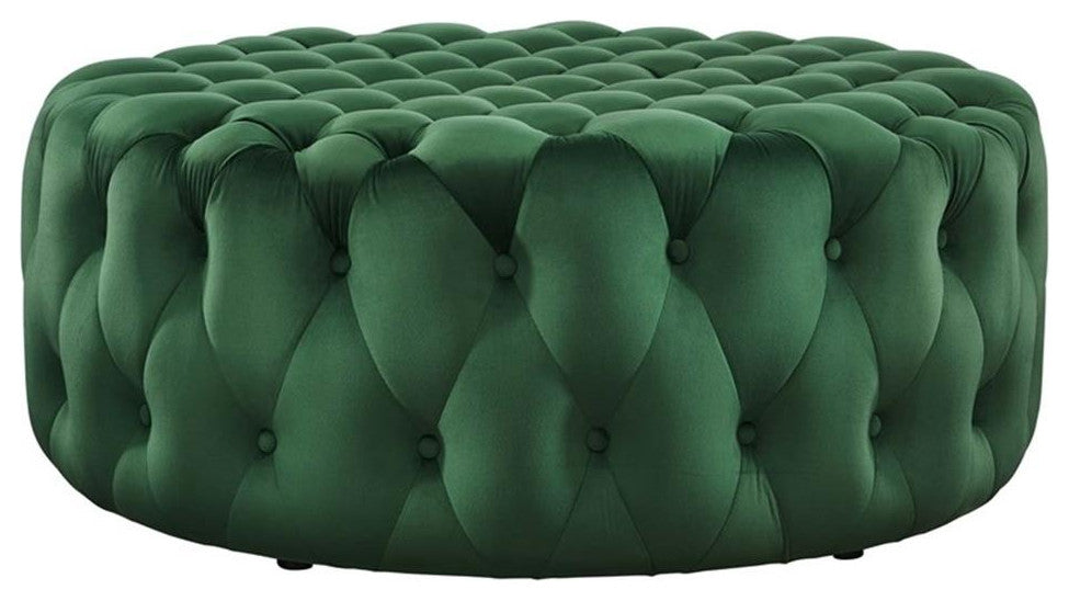 Amour Tufted Button Large Round Performance Velvet Ottoman, Emerald