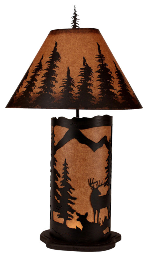 Large Kodiak and Rustic Brown Deer Scene Table Lamp With Nightlight
