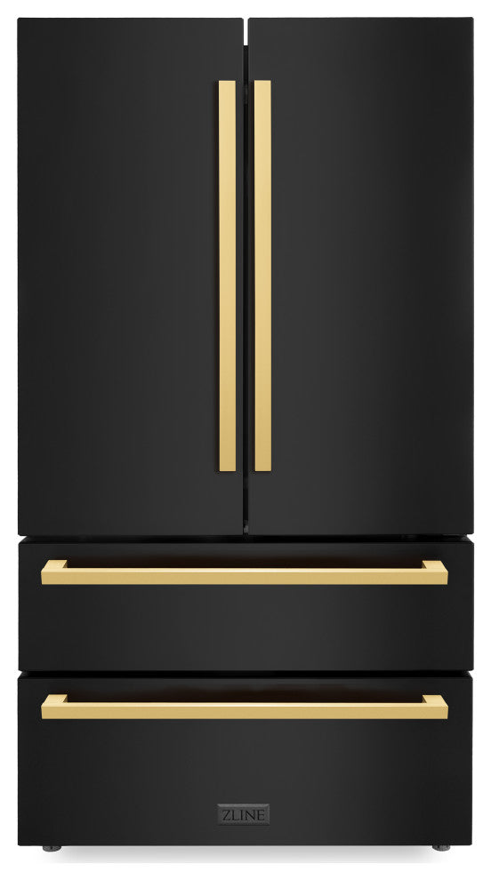 Autograph Refrigerator, Black Stainless With Flat Gold Handles, RFMZ-36-BS-FG