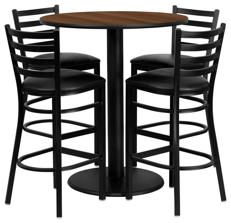 36'' Round Walnut Dining Laminate Table Set, 4 Ladder Back Metal Barstools