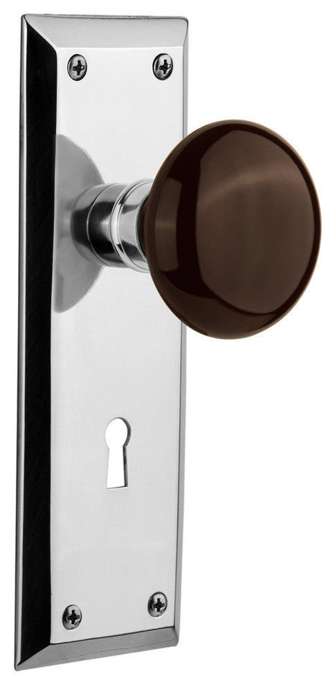 Single New York Plate With Brown Porcelain Knob, Bright Chrome