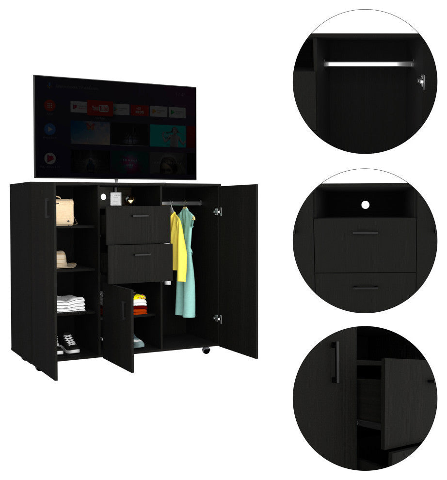 Sicilia Cabinet Dresser with 2 Drawers, Open Shelf, Rod, and 4 Casters, Black