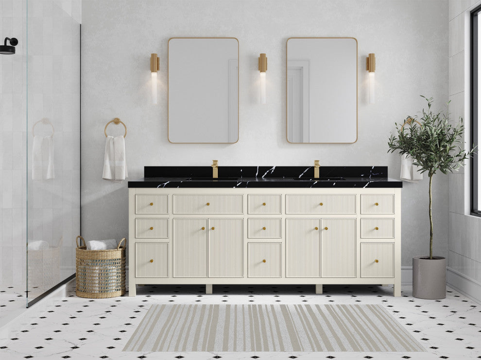 Sonoma 84" Double Sink Bath Vanity in Alabaster, 2" Calacatta Black