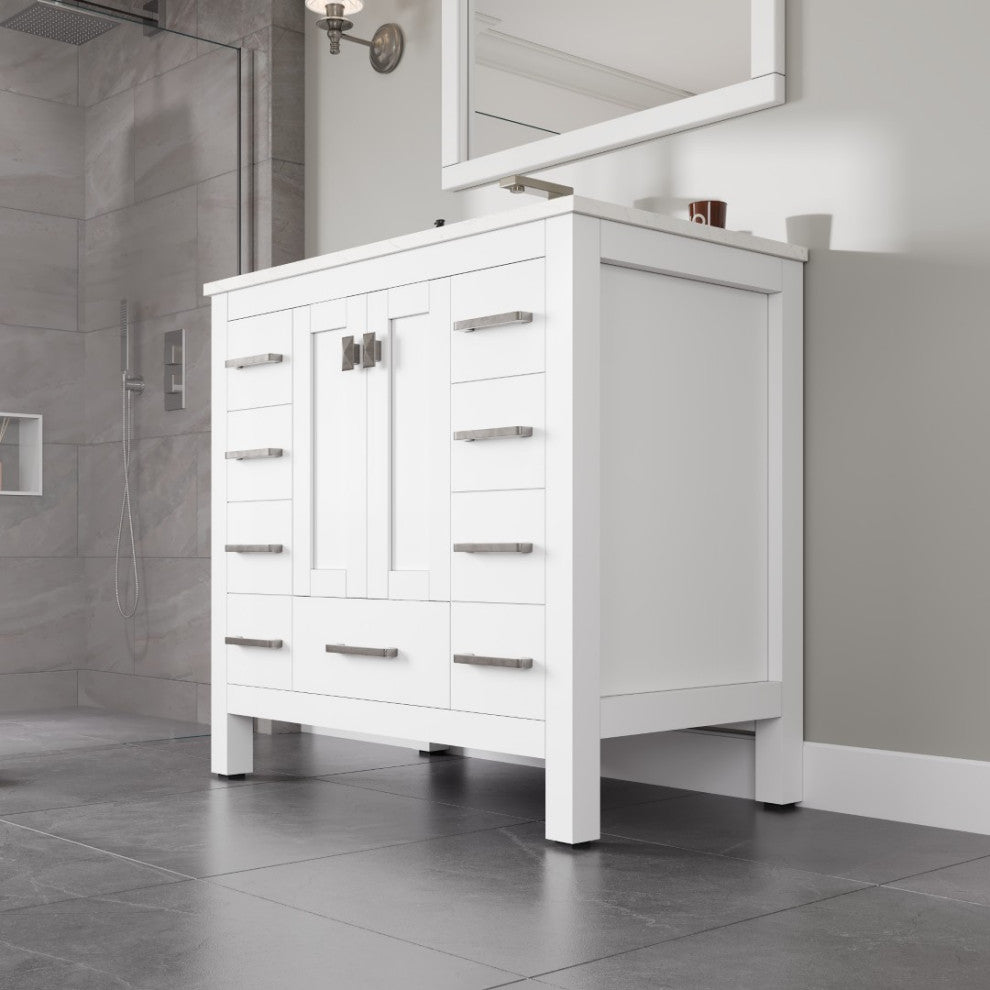 Eviva Hampton 36"W White Bathroom Vanity With White Carrara Quartz Countertop