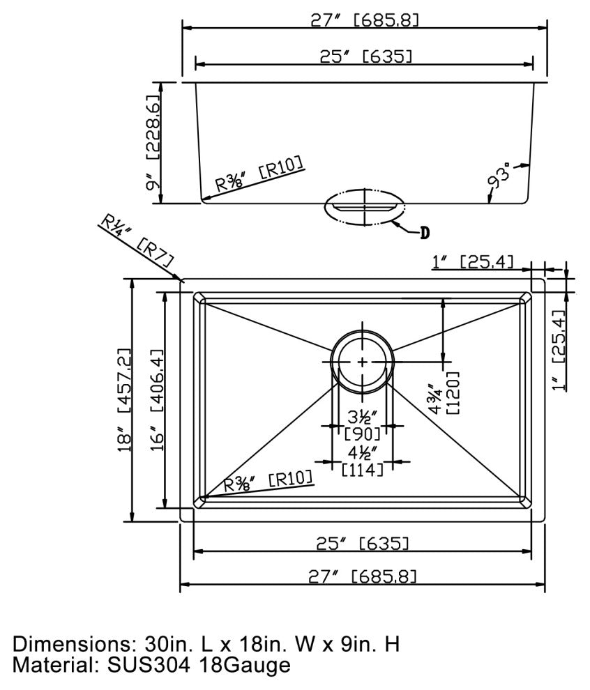 27" x 18" Stainless Steel Undermount Kitchen Sink with Grid and Strainer