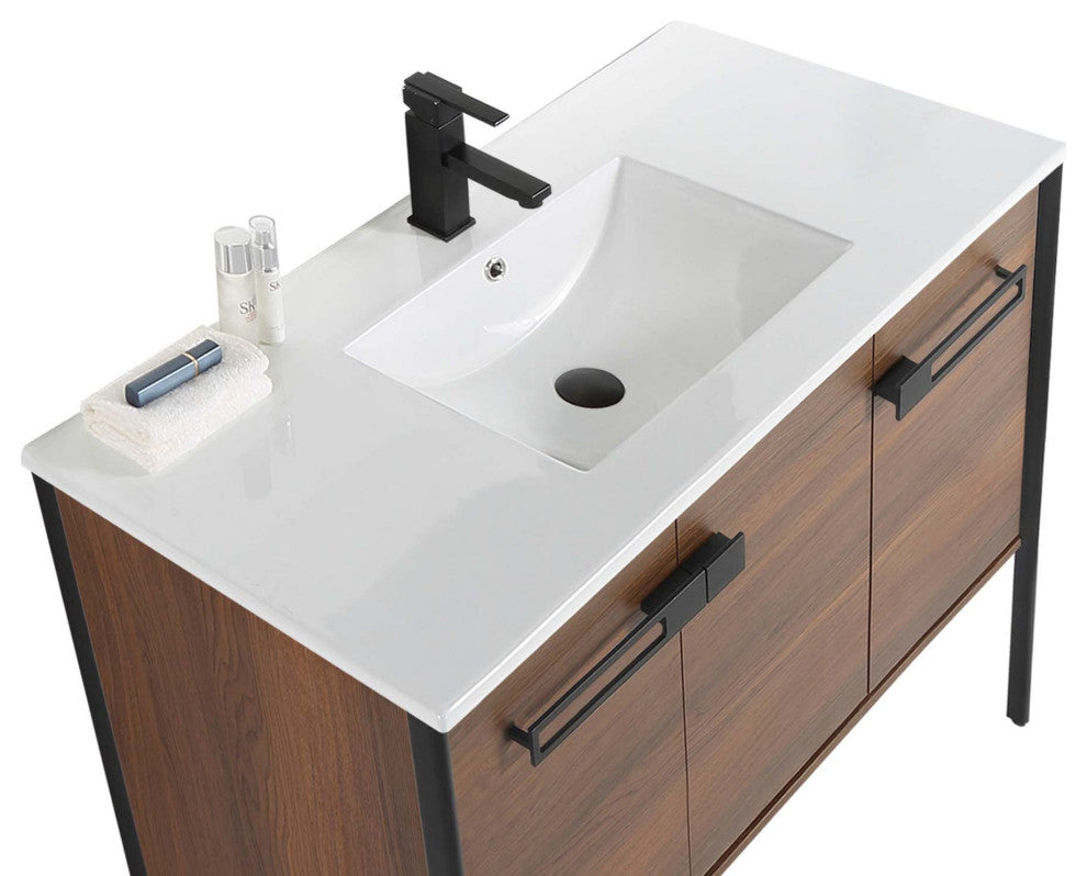 Oakville Bath Vanity, Ceramic Sink, Walnut Ebony, 42 Inch, Black Hardware
