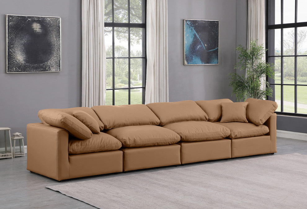 Indulge Upholstered Modular Sofa, Cognac, 4-Piece: 2 Armless Chair, 2 Corner Chair, Fiber Stuffed Vegan Leather
