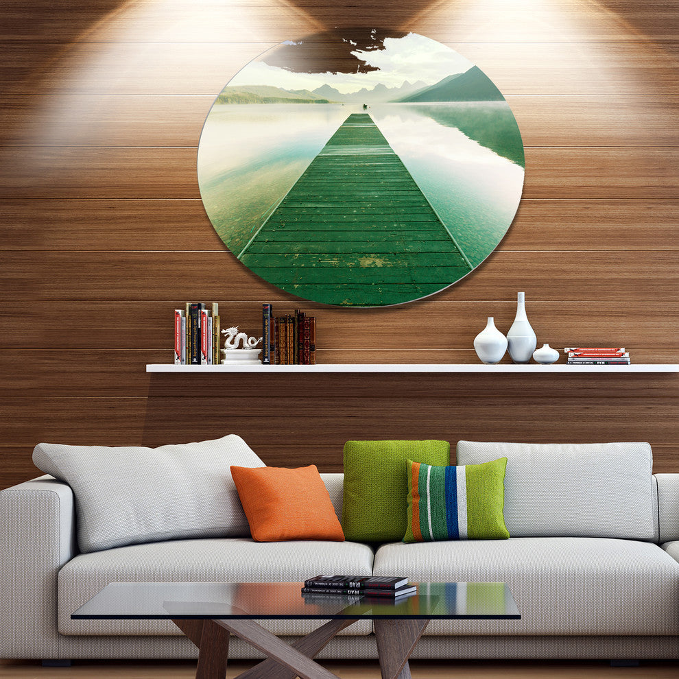Green Wood Pier At Glacier Park, Seashore Round Wall Art, 36"