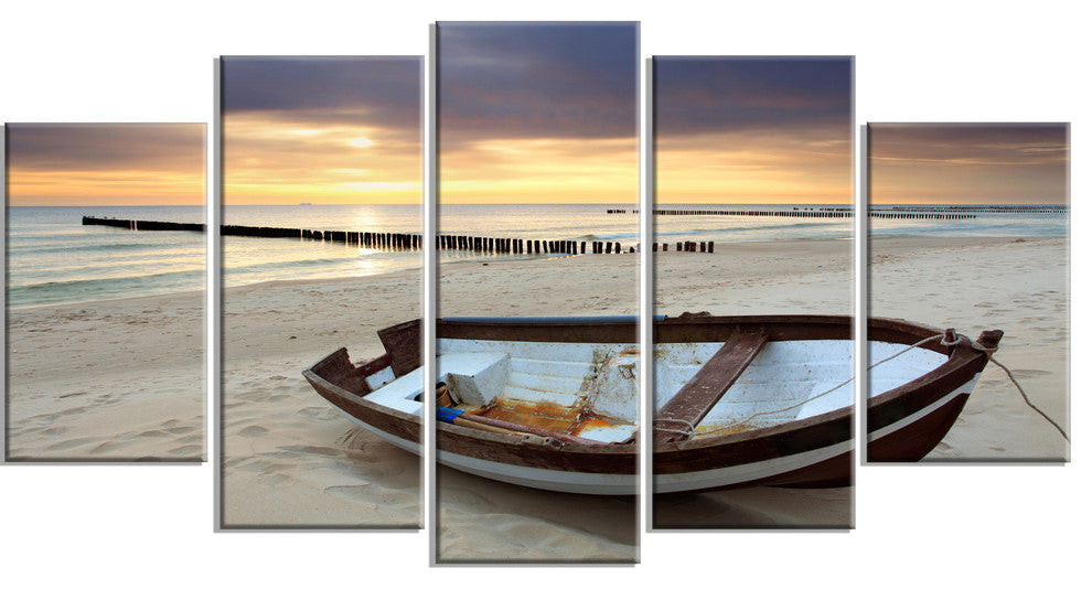 Boat on Beautiful Sunrise Seashore, Beach Canvas Wall Art, 60"x32", 5 Panels