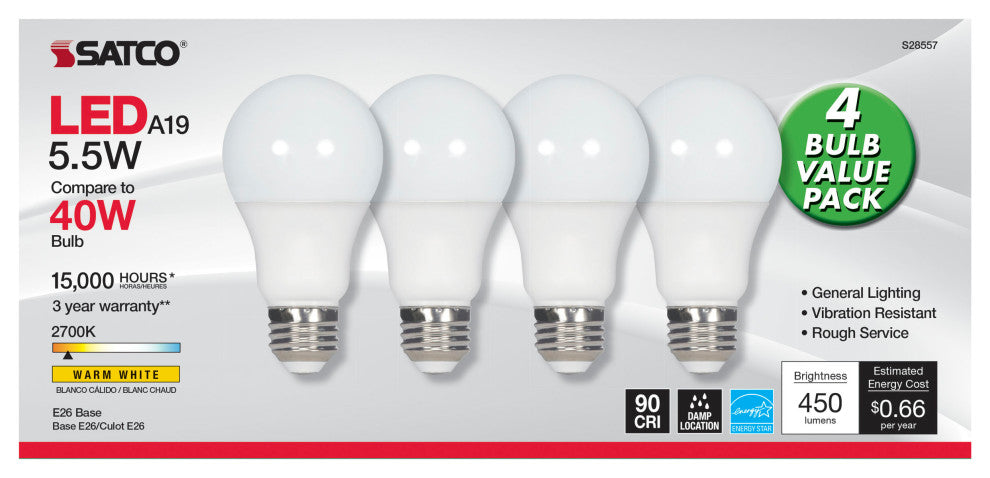 5.5W, A19 LED, Frosted, 2700K, Medium Base, 120V, 4-Pack