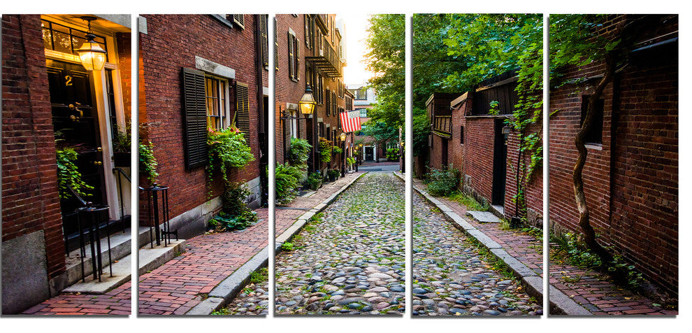 Acorn Street Massachusetts, Landscape Canvas Art Print, 60"x28", 5 Panels