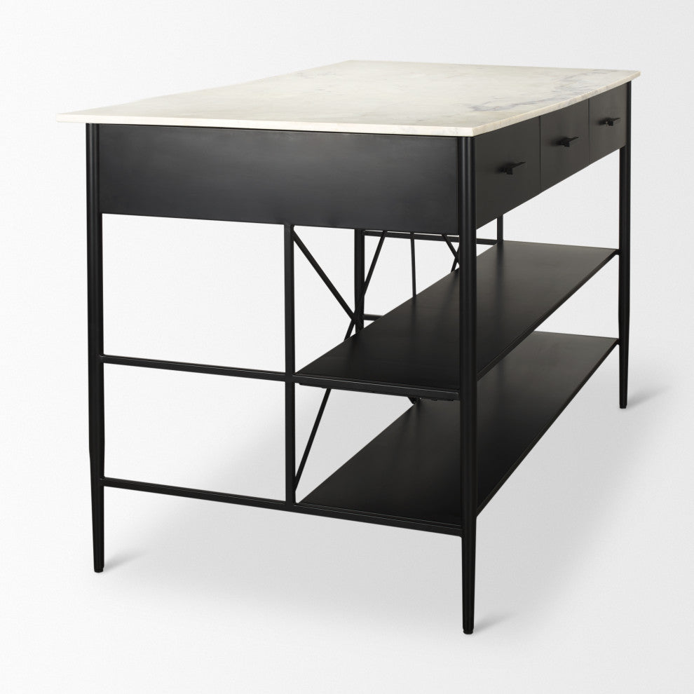 Amika White Marble Top Black Metal Base Kitchen Island