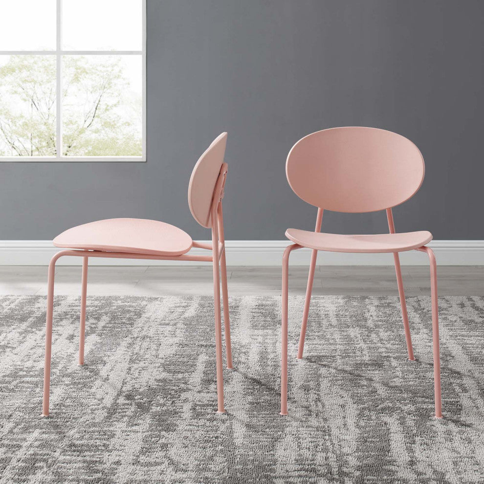 Side Dining Chair, Set of 2, Plastic, Metal, Pink, Modern, Bistro Restaurant
