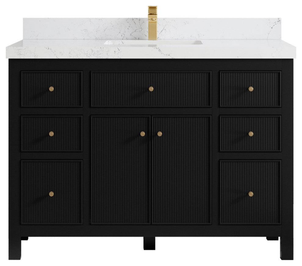 Sonoma 48 Single Sink Reeded Bath Vanity in Black 2" Empira White