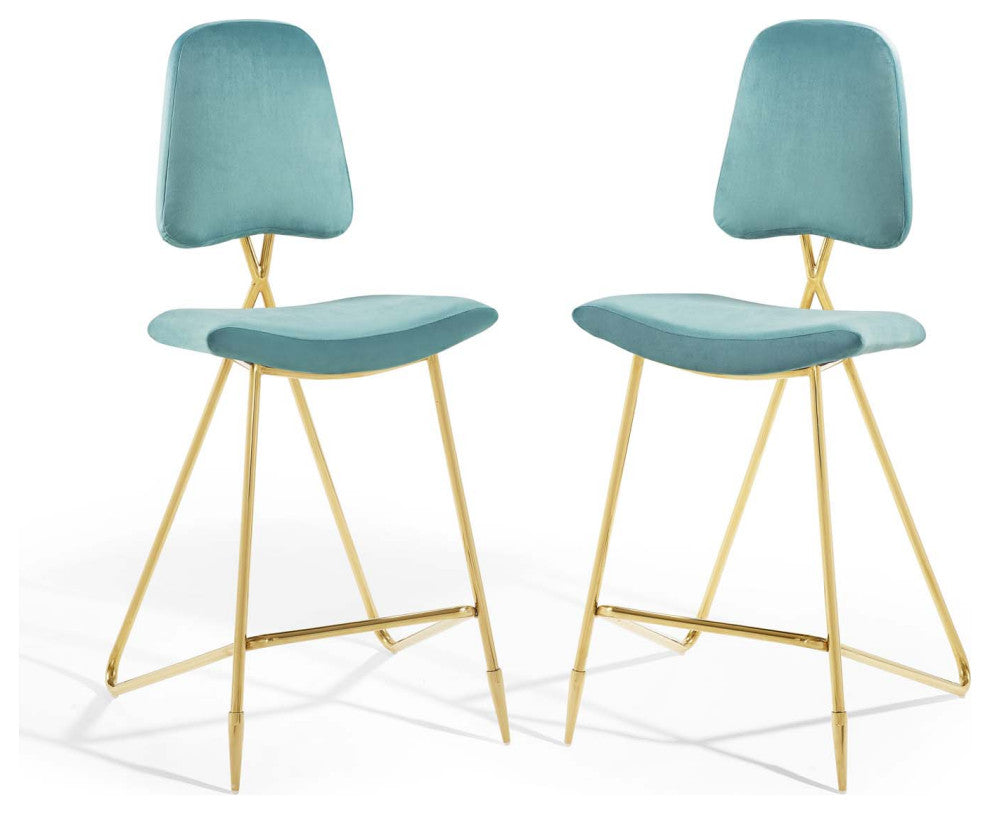 Bar Stool Chair Barstool, Set of 2, Velvet, Metal, Blue, Modern, Bar Pub Bistro