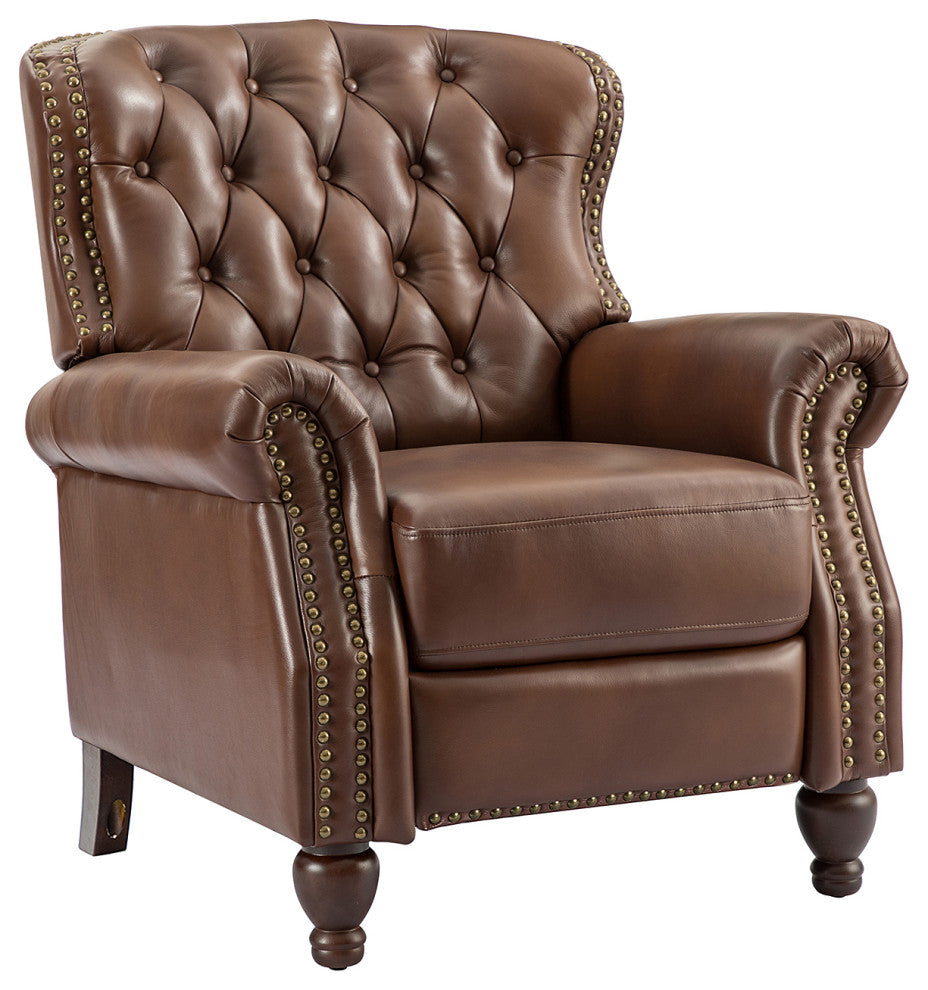 34.5"W Transitional Style Genuine Leather Recliner With Nailhead Trims, Brown