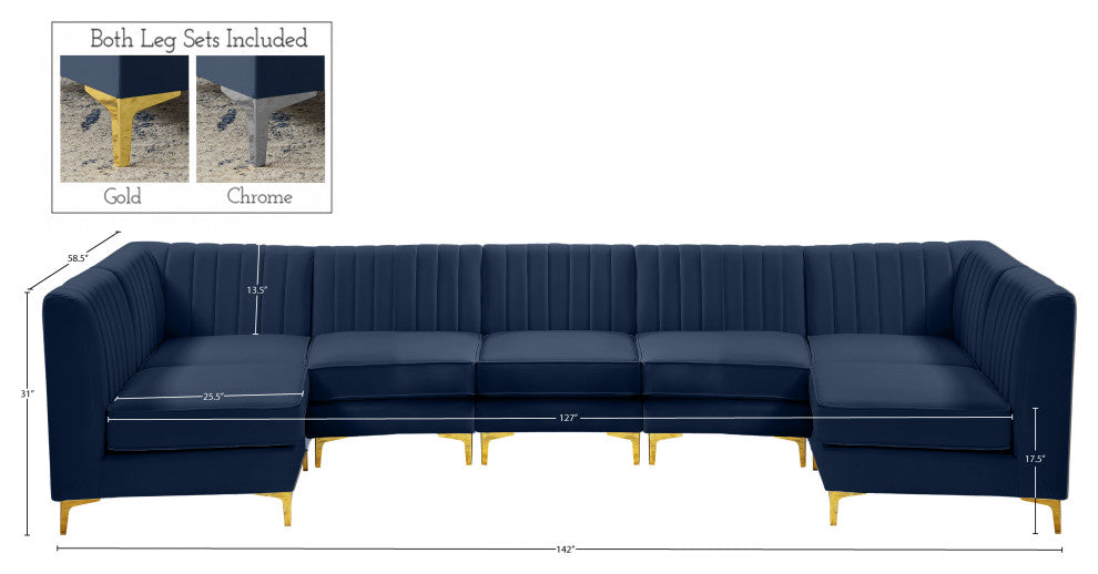 Alina Velvet Modular U-Shaped Sectional, Navy, 7-Piece: 5 Armless Chair, 2 Corner Chair