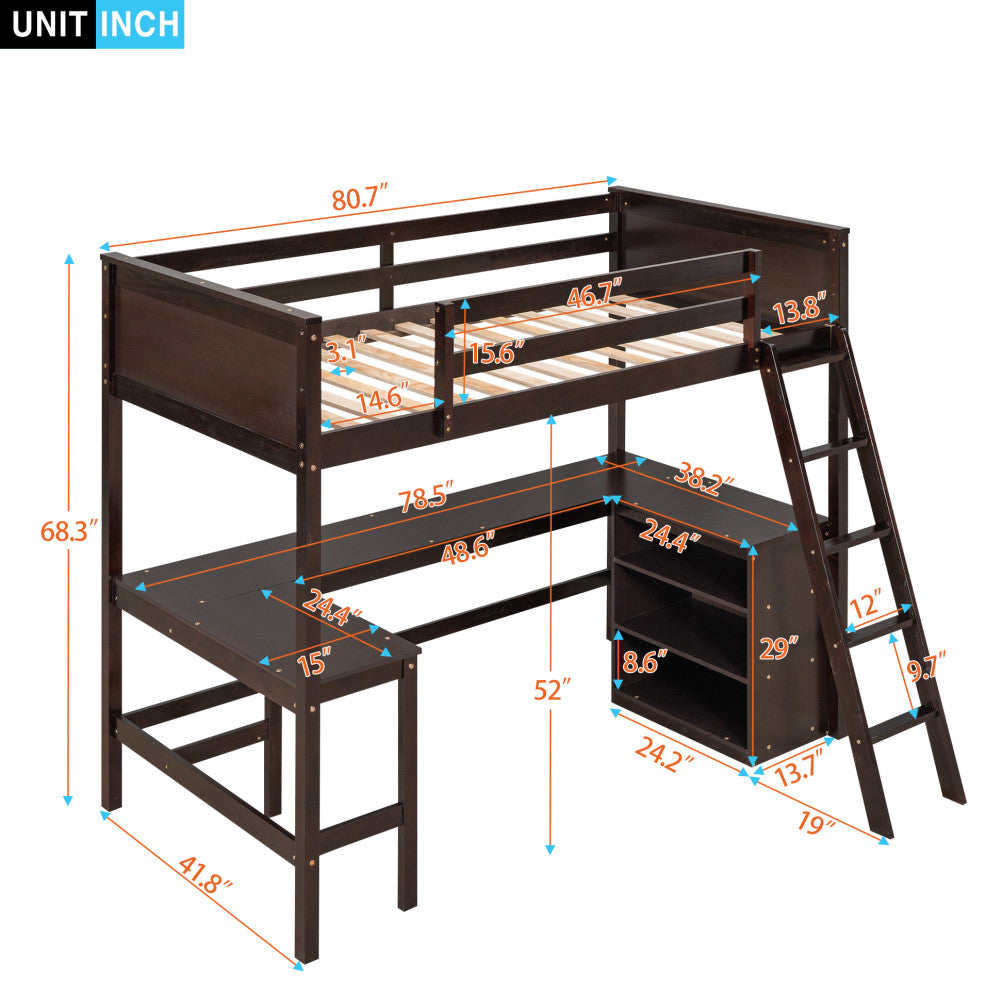 Gewnee Twin size Wood Loft Bed with Shelves and Desk in Espresso