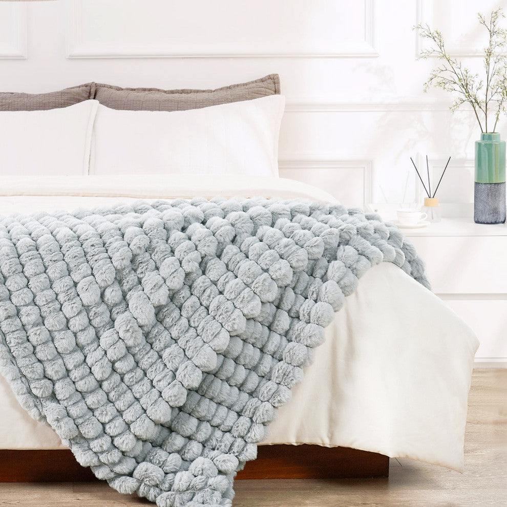 Spandex Striped Heavy Faux Fur Throw Blanket, Silver Grey