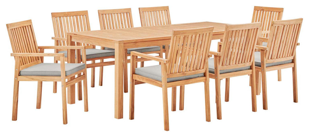 Side Dining Chair and Table Set, Wood, Brown Natural Taupe Gray, Modern, Outdoor