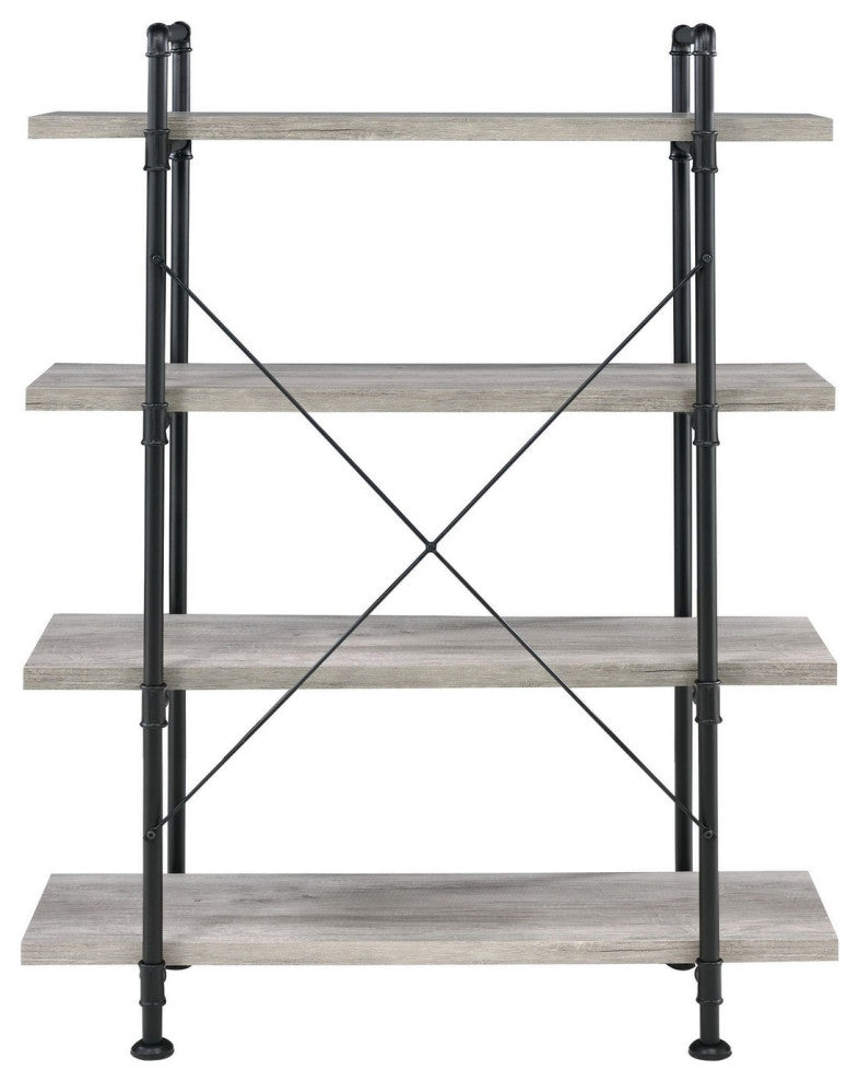 Benzara BM233213 56" 4 Tier Metal and Wooden Bookcase, Black and Gray