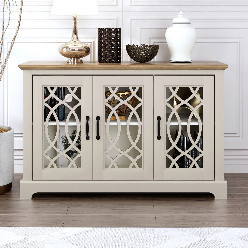 Raccon Wood 45.7 in. 3 Doors Sideboard with Adjustable Shelves, Ivory With Knotty Oak