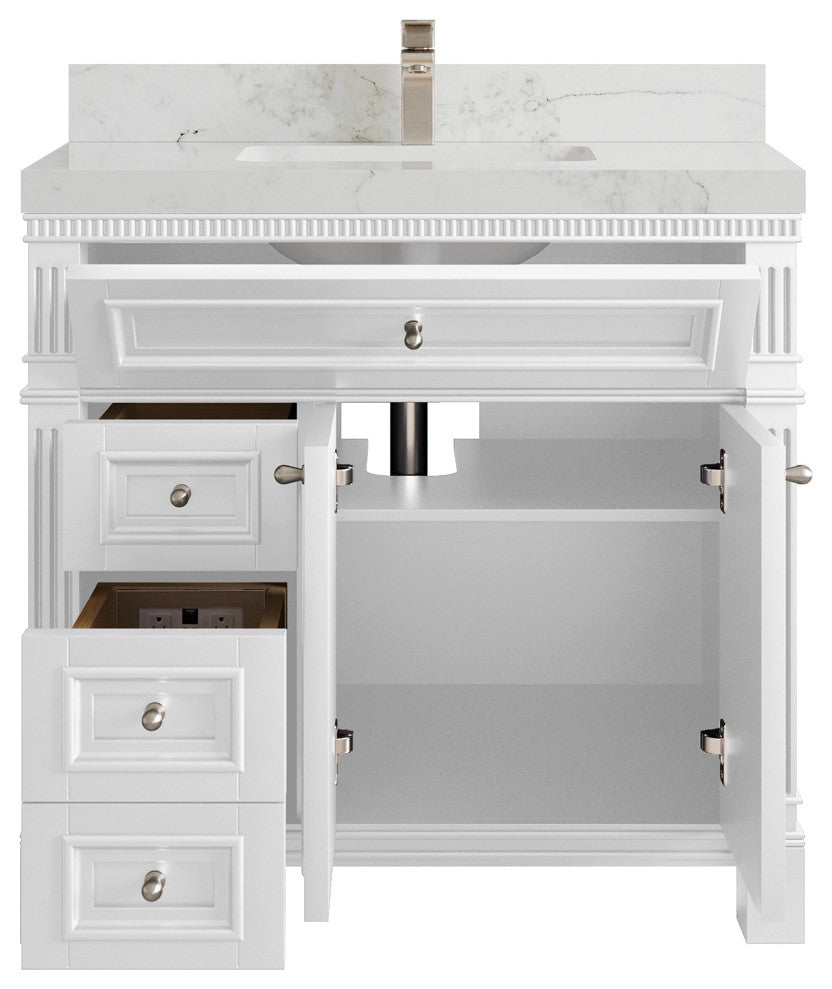 Paris 36" Center Sink Bathroom Vanity, White 2" Calacatta Nuvo