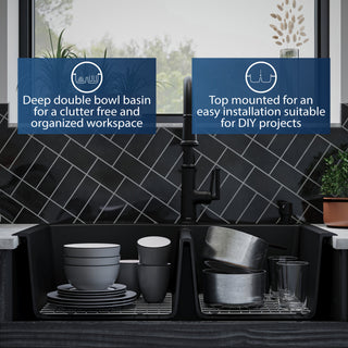 Karran Drop-In Quartz 33" 1-Hole 60/40 Double Bowl Sink Kit, Black