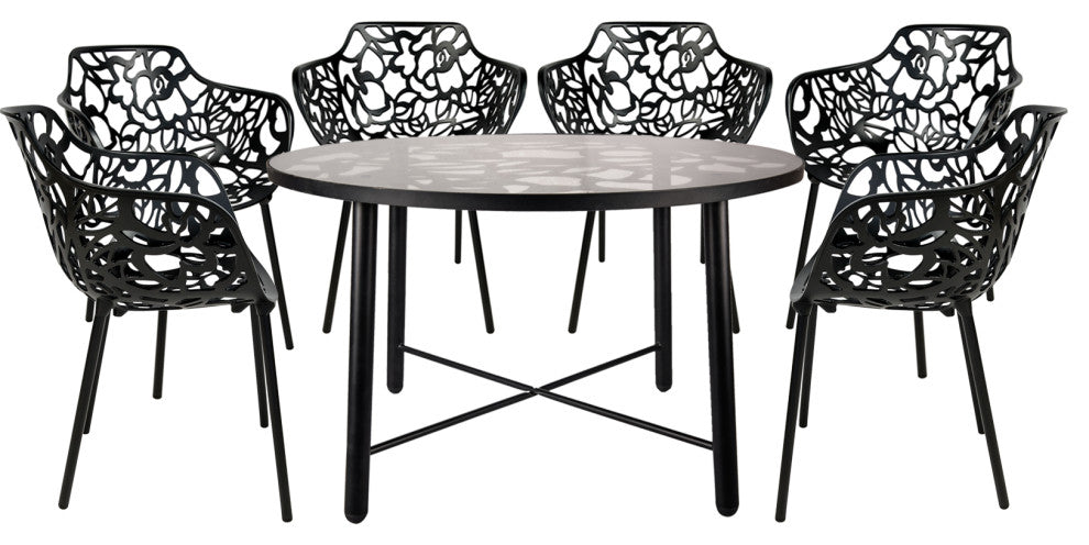 Leisuremod Devon 7-Piece Aluminum Dining Set With Table and 6 Armchairs, Black