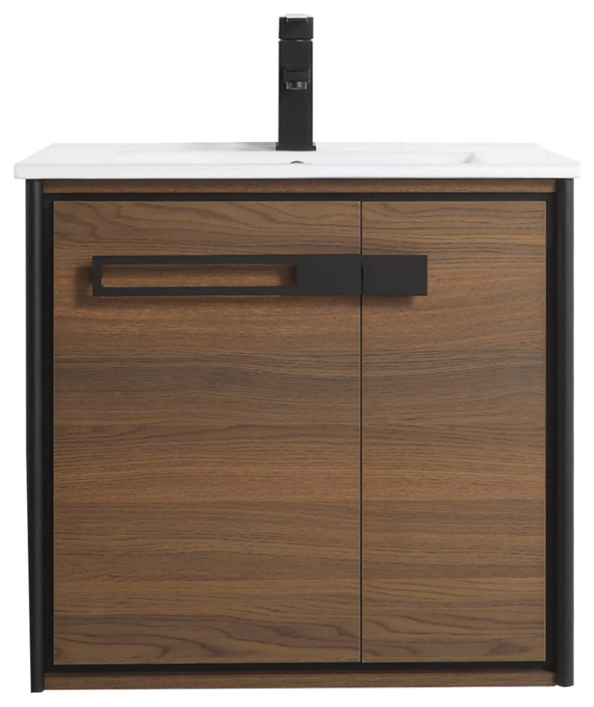 Oakville Wall Mount Bathroom Vanity, Walnut Ebony, 24", Black Hardware