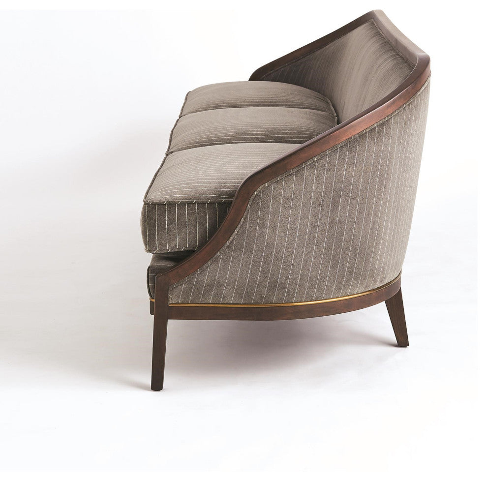 Elegant Pinstripe Gray 3 Seat Sofa Exposed Wood Velvet Curved Back Contemporary