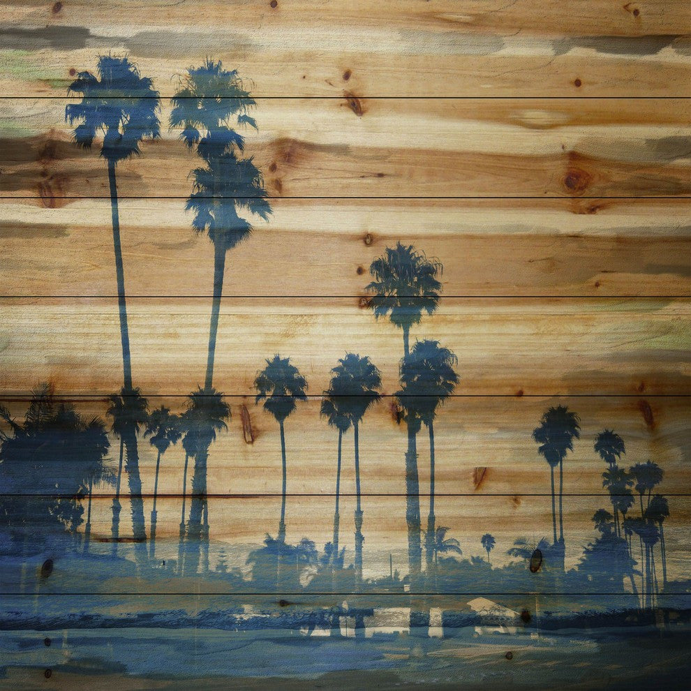 "Blue Palms" Print on Natural Pine Wood, 24"x24"